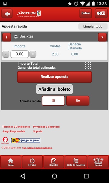 Interfaz de registro en la app Sportium