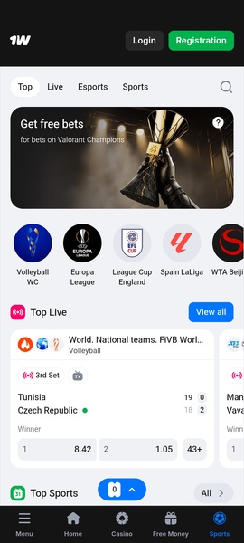 Screenshot of the 1win casino app interface showcasing live betting odds and casino game tiles