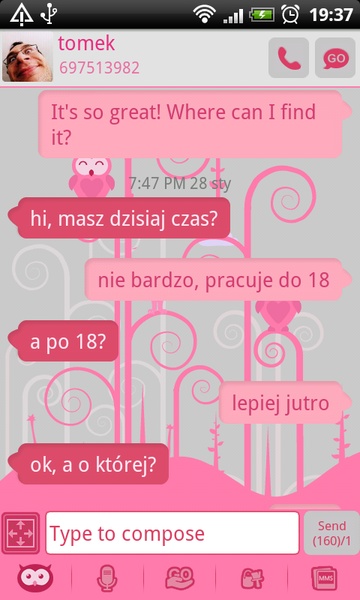 GO SMS Pink Owl Theme - Preview 6