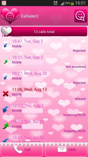 exDialer Pink Hearts Theme - Preview 3