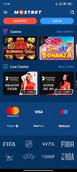 Schermafbeelding van de Mostbet app interface met inlogscherm en wedmarkt
