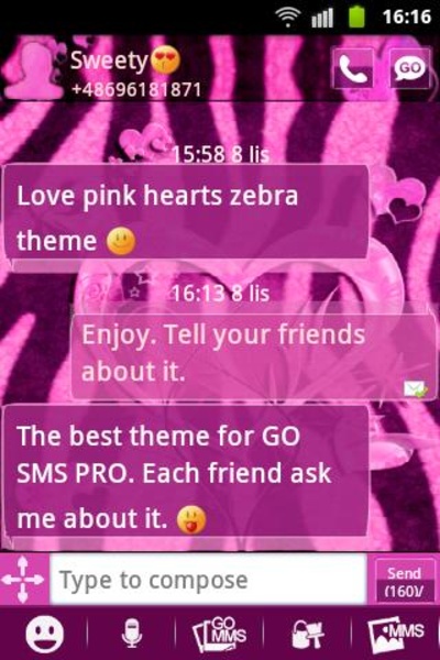 GO SMS Pink Theme Heart Zebra - Preview 4