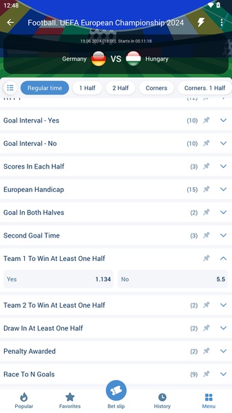 1xbet app interface screenshot