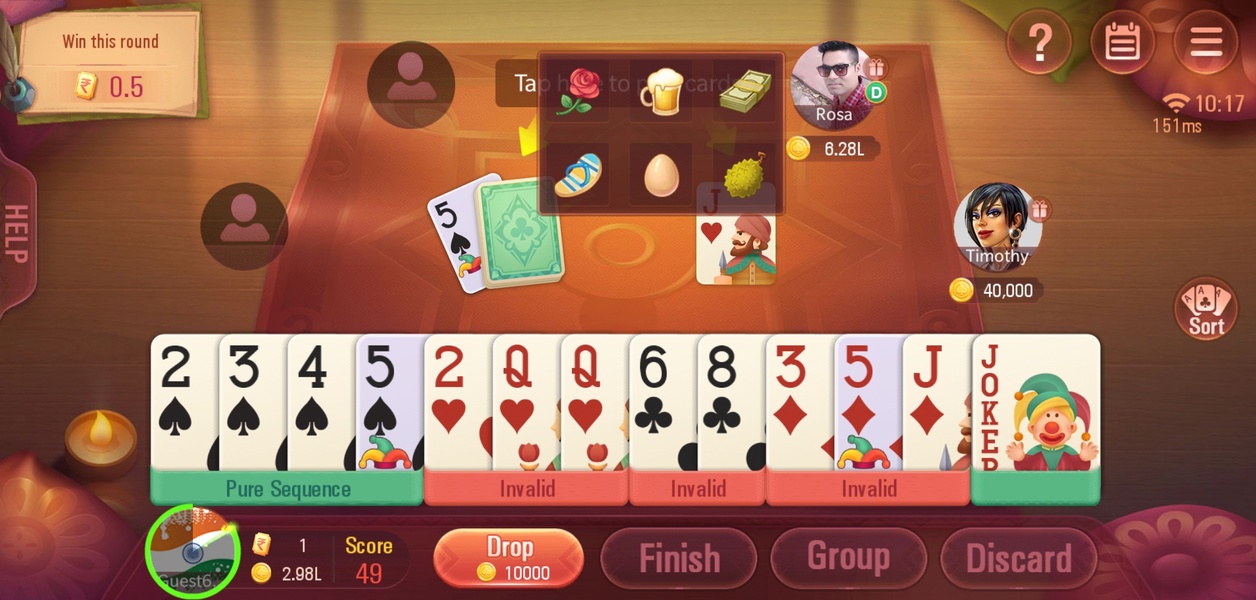 Rummy mobile game interface