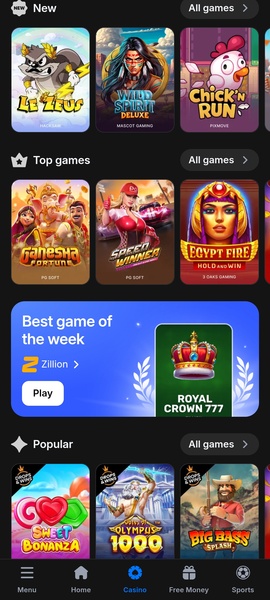 Skärmdump av 1win casino app gränssnitt