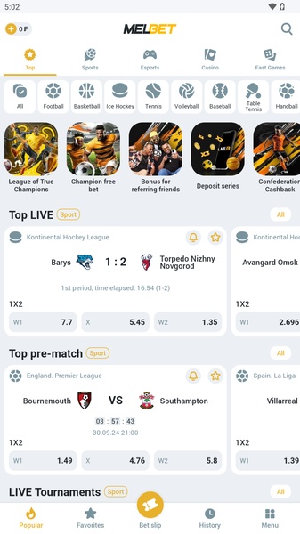 Interfaz de Melbet apuestas