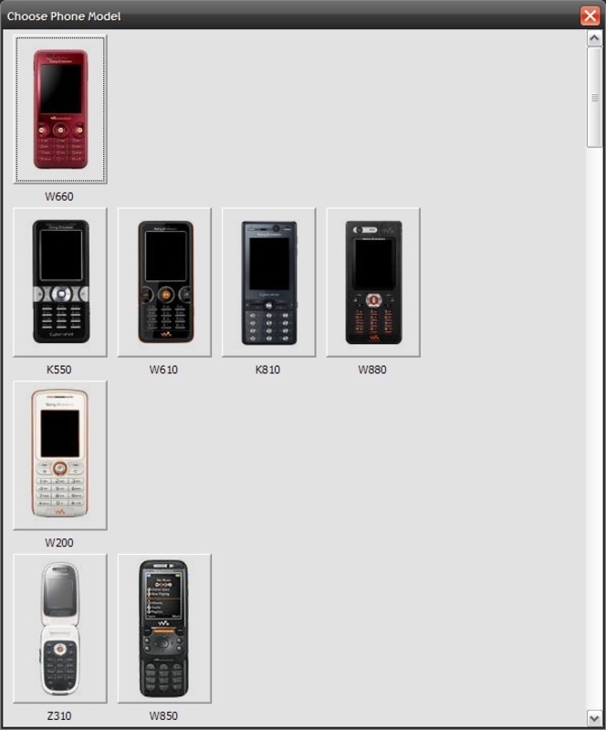 Выбор модели в архивном Sony Ericsson Themes Creator. Интерфейс английский; номер версии на самом кадре не указан.