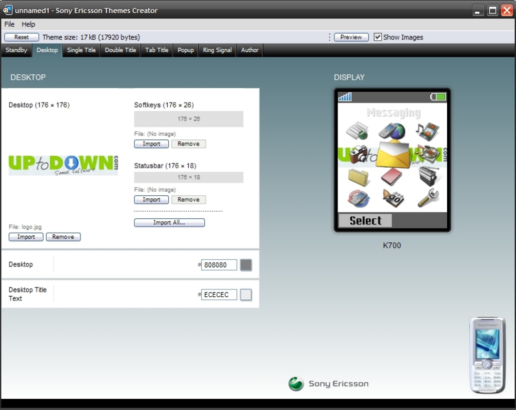 Архивный Themes Creator с предпросмотром K700. Логотип Uptodown используется в опубликованном примере как фоновое изображение; это не стандартная тема телефона.