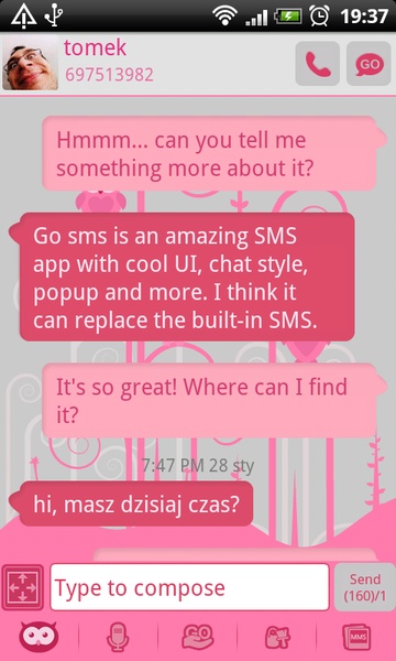 GO SMS Pink Owl Theme - Preview 2