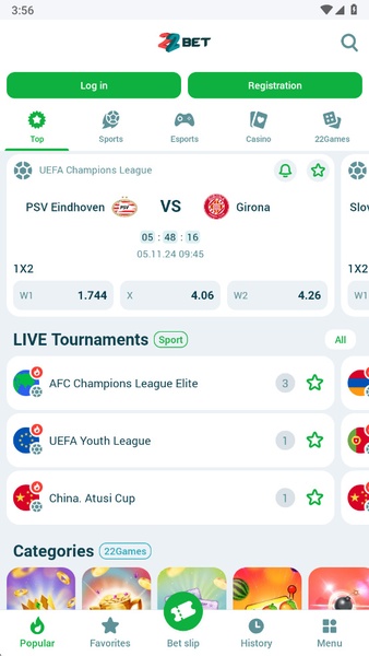 Aplikacja 22Bet ekran