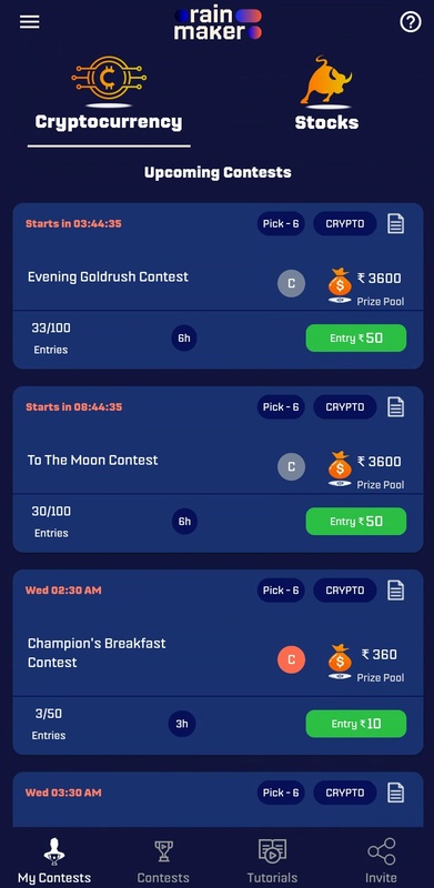 Rainmaker upcoming crypto contests screen