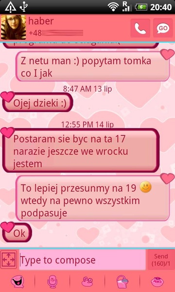 GO SMS Pro Pink Hearts Theme - Preview 4